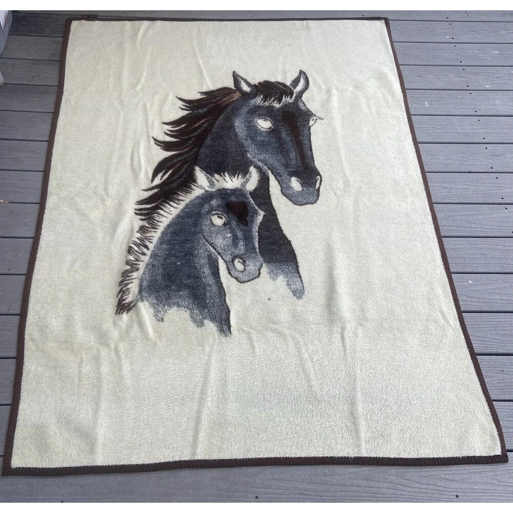 Vintage Biederlack Horse Throw Blanket West Germany Acrylic Ranch Decor